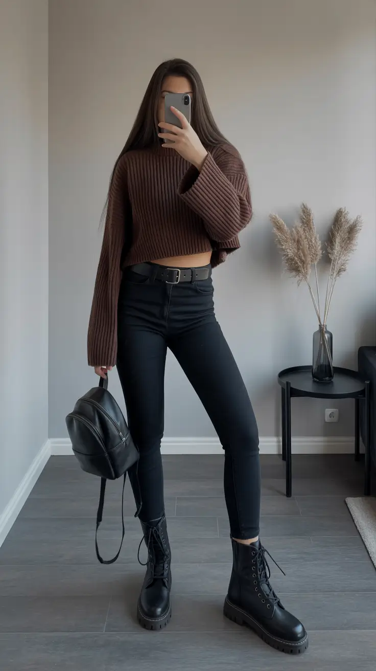 Chic sweater outfits 2026 Brown Power with a Touch of Edge