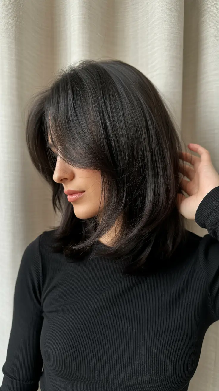 Cool-tone brunette hair color 2026 Midnight Brunette Layers with Neutral Dimension