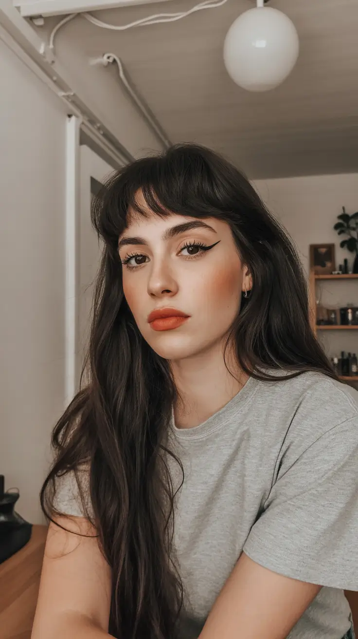 Cool-tone brunette hair color 2026 Deep Brunette with Full Fringe Drama