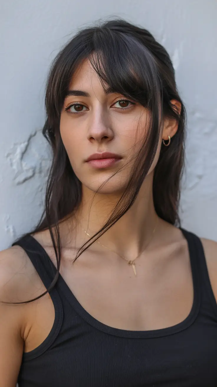 Cool-tone brunette hair color 2026 Textured Brunette with Curtain Bangs