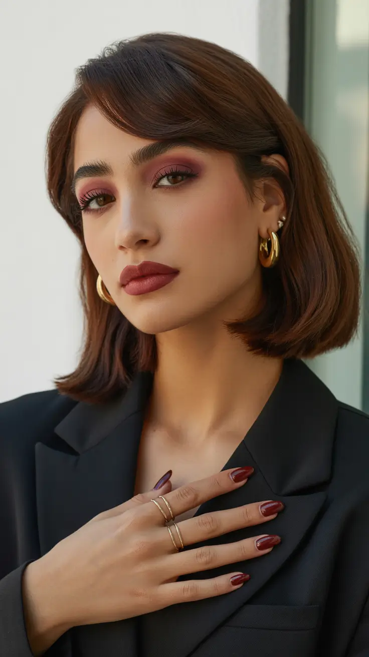 Cool-tone brunette hair color 2026 Modern Bob with Cool Red Espresso Shine