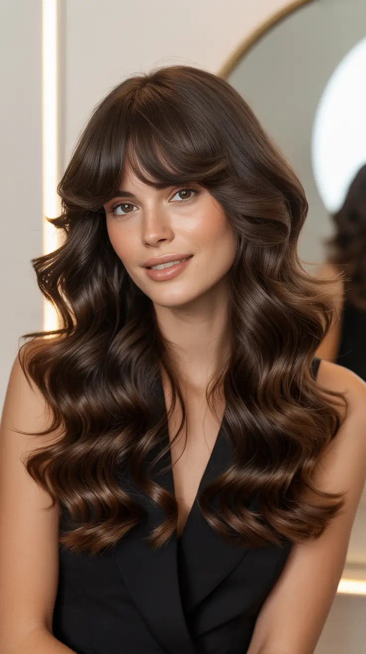 Cool-tone brunette hair color 2026 Chocolate Latte Waves with Soft Caramel Ribbons
