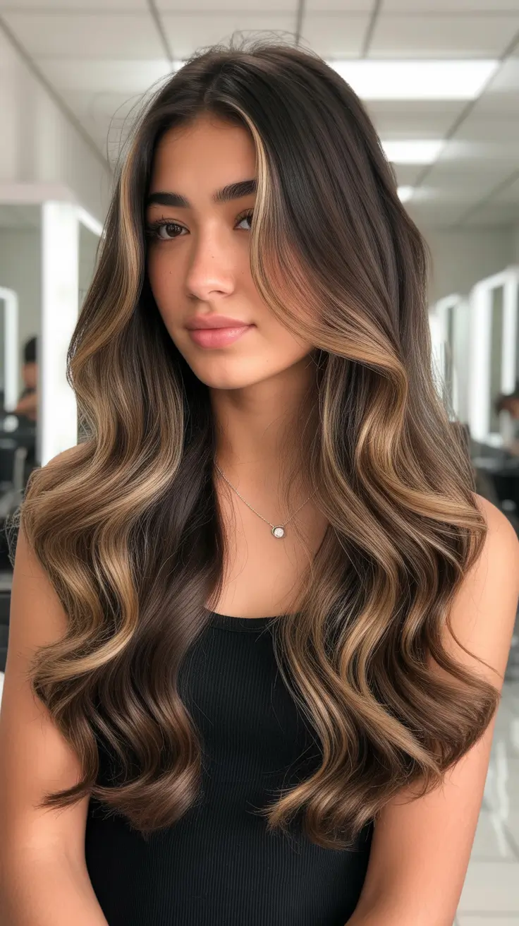 Cool-tone brunette hair color 2026 Dimensional Brunette with Blonde-Caramel Highlights