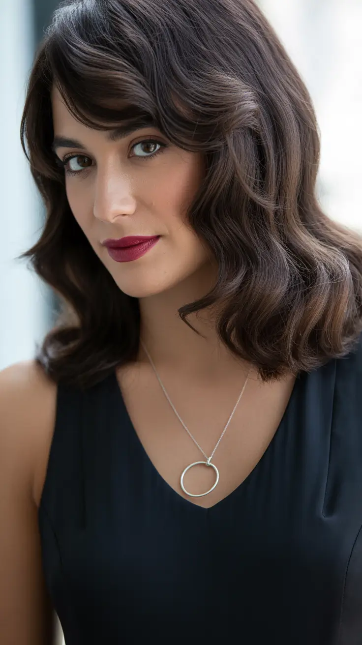 Cool-tone brunette hair color 2026 Glossy Mocha Waves with Soft Ash Finish