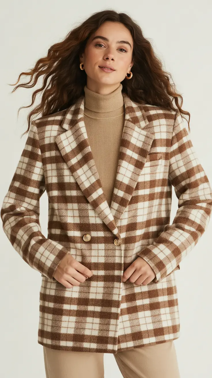 Cute everyday outfits 2026 Checked Blazer & Camel Layers