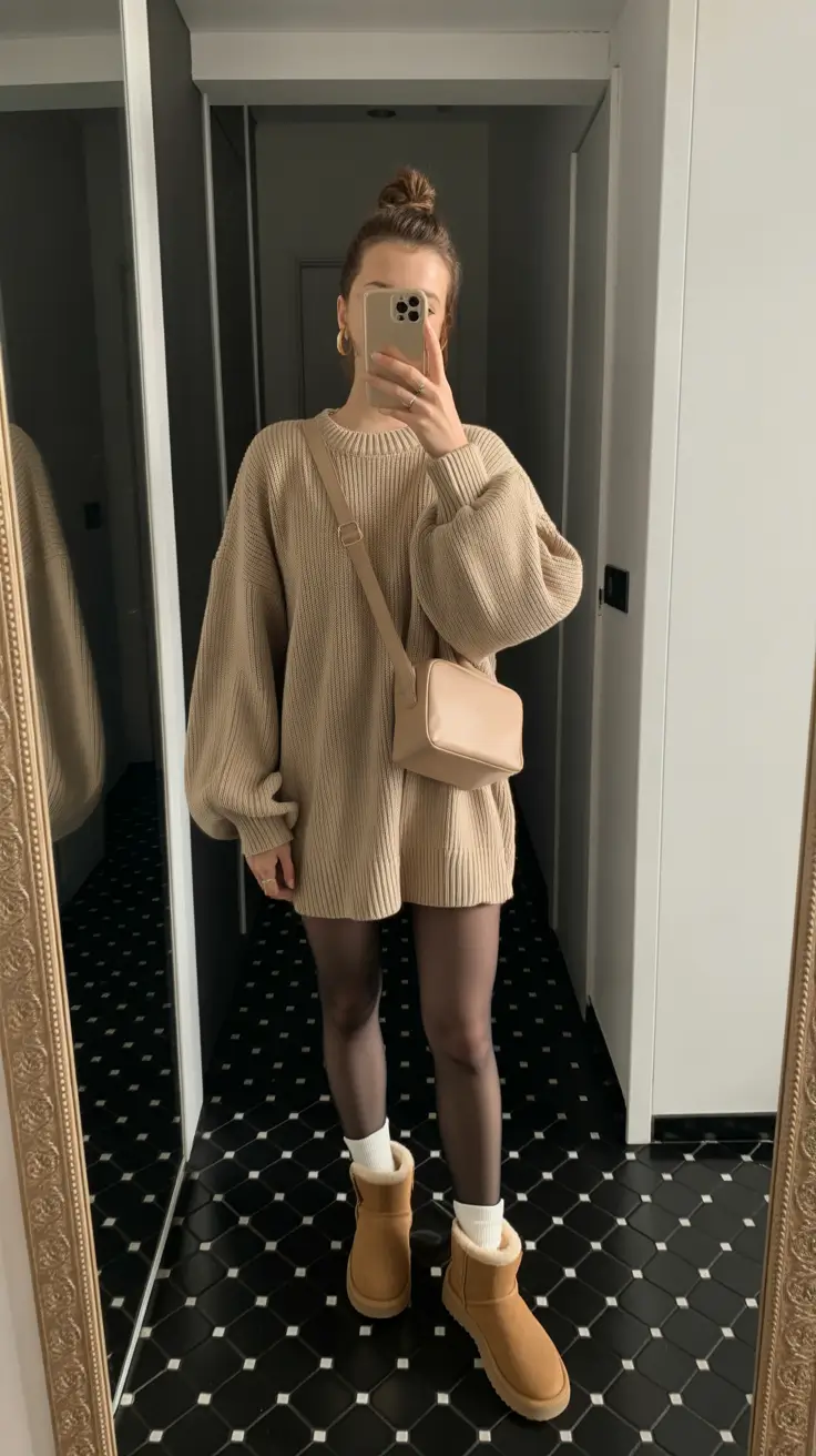 Cute everyday outfits 2026 Oversized Knit & Sheer Warmth