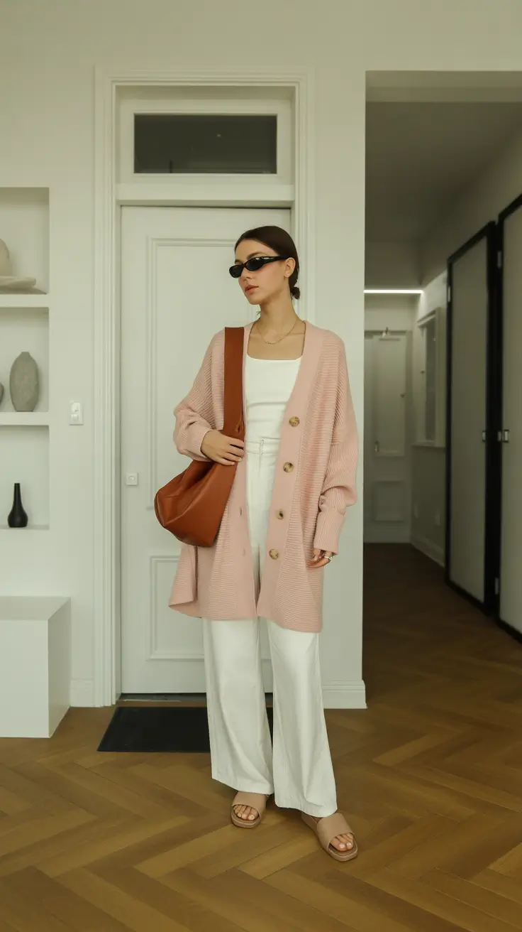 Cute everyday outfits 2026 Soft Rose Cardigan & White Layers