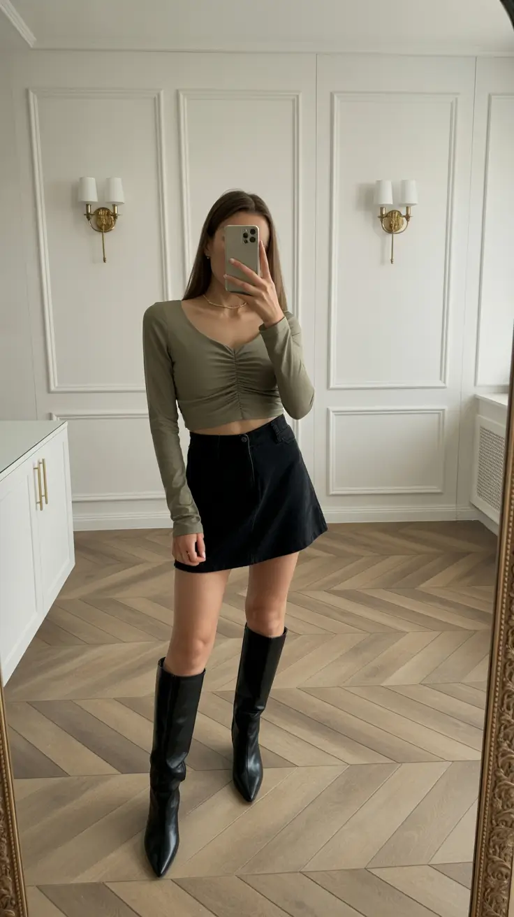 Cute everyday outfits 2026 Olive Crop & Black Mini Confidence