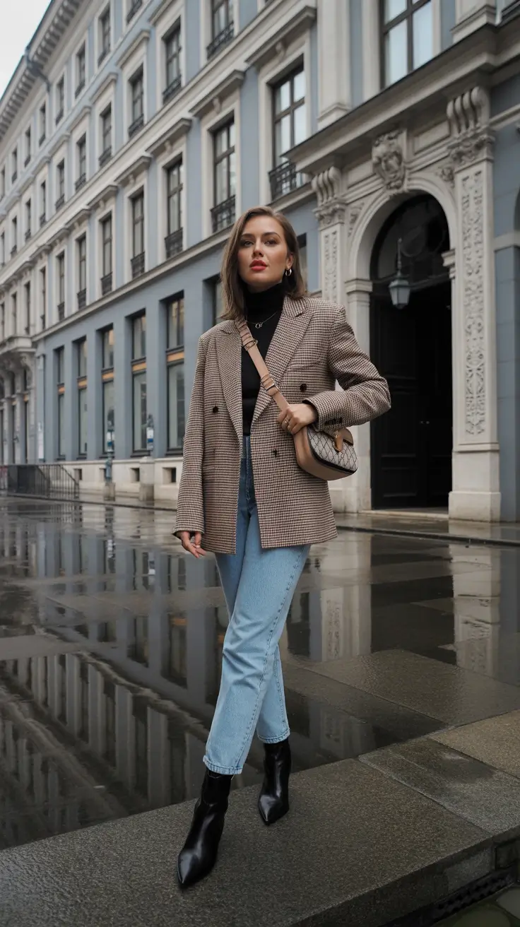 Cute everyday outfits 2026 Checkered Blazer & Black Turtleneck Power