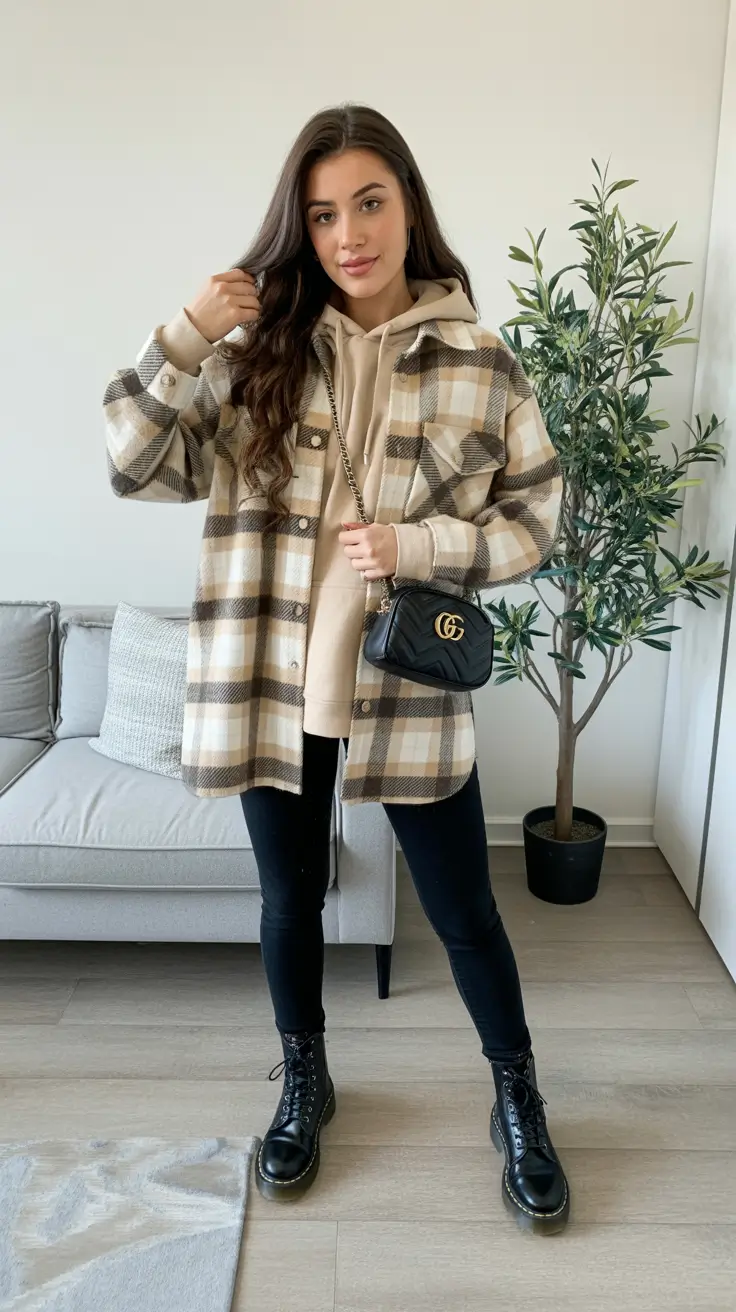 cold weather outfits winter Cozy Plaid and Combat Boots