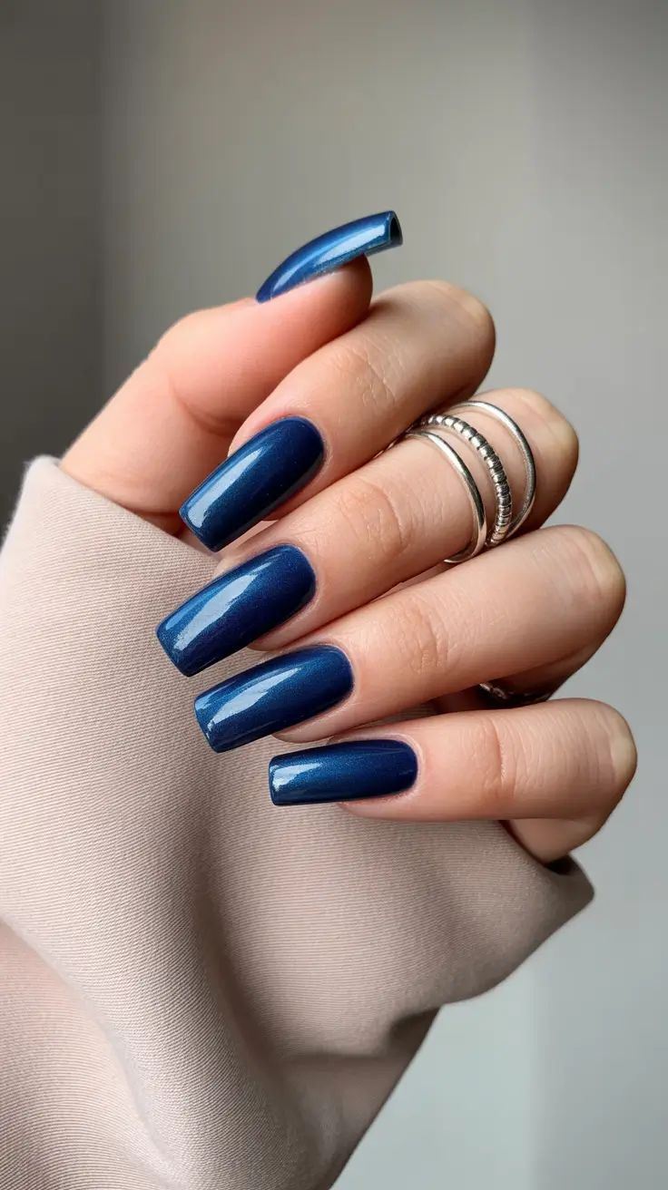 Gel Nail Trends Christmas 2025 Midnight Satin Blue