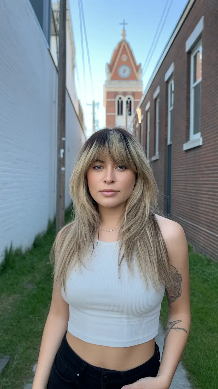 Hair color ideas 2026 Smoky Blonde with Shadow Bangs