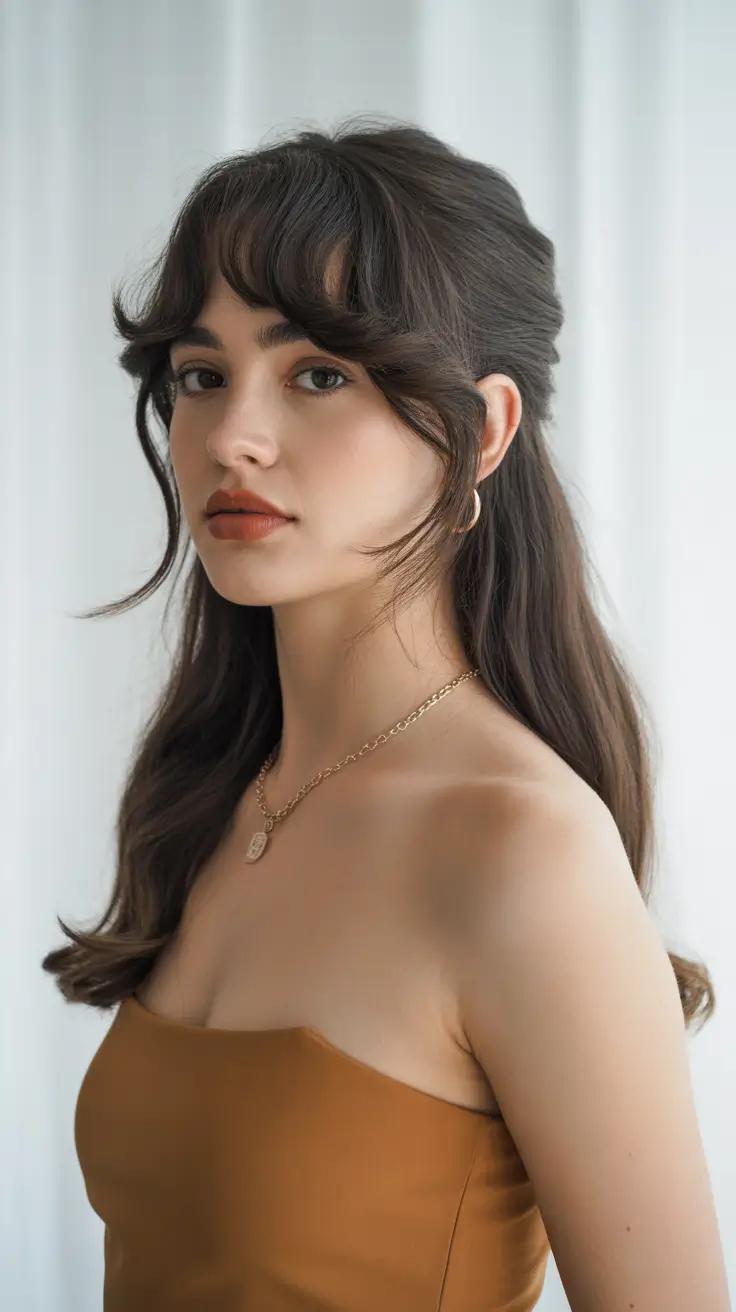 Hair color ideas 2026 Chocolate Brown with French Bangs