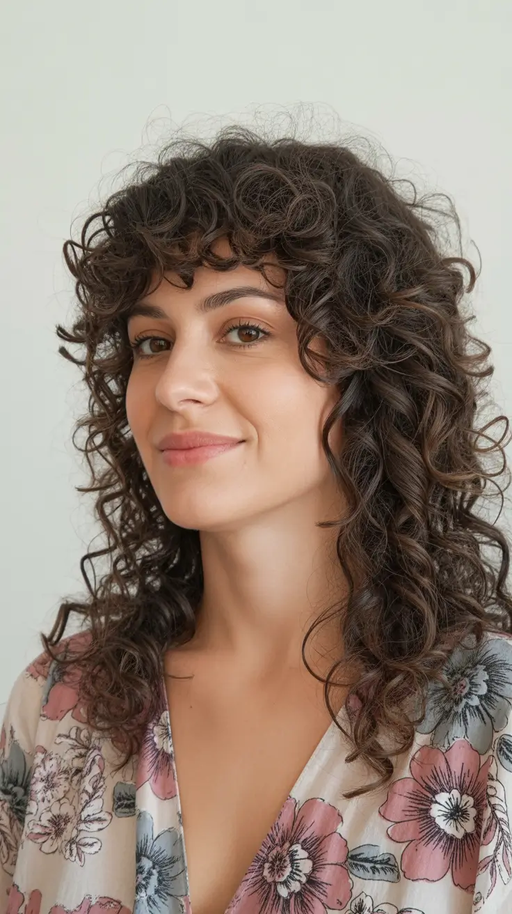 hair color ideas to look younger Curly Shag with Youthful Brunette Glow