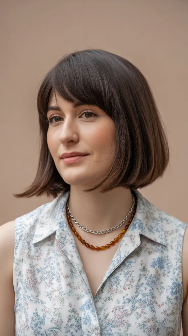 hair color ideas for brunettes to look younger Chestnut Bob with Rounded Bangs