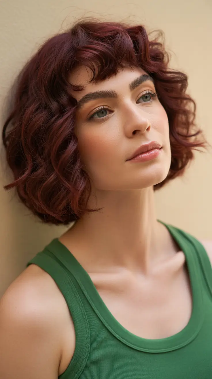 hair color ideas to look younger short Wine-Red Curly Bob
