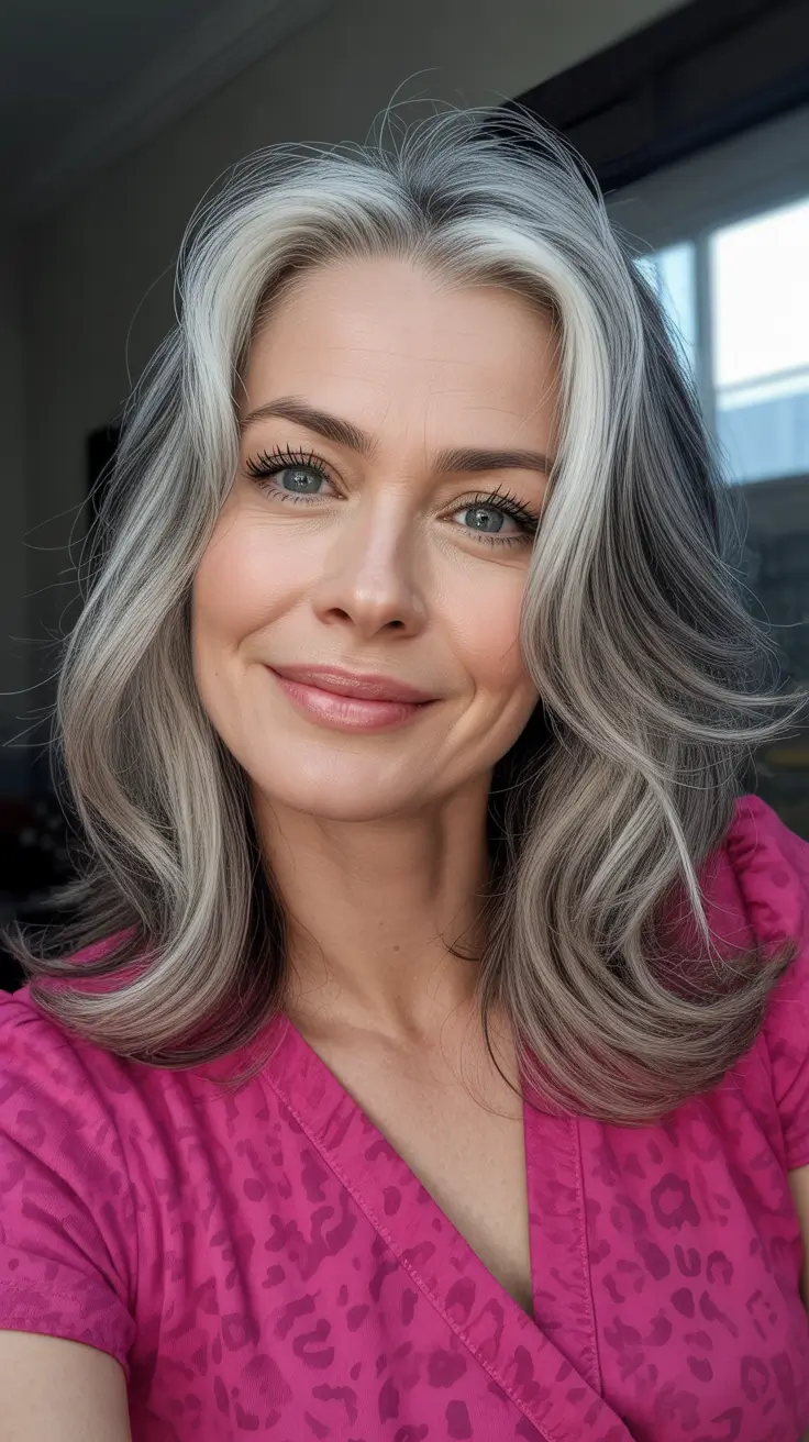 hair color ideas that make you look younger Silver Blonde with Cool Dimension