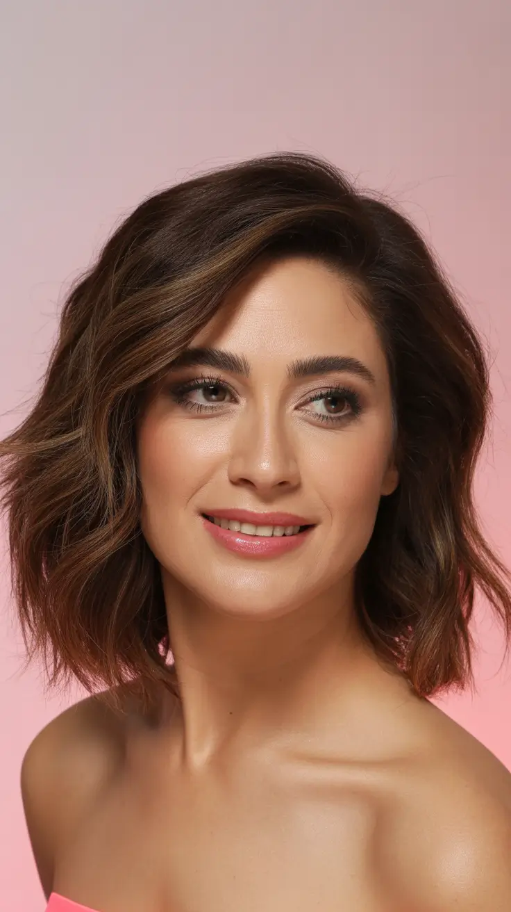 hair color ideas to look younger short Warm Brunette with Subtle Caramel Highlights