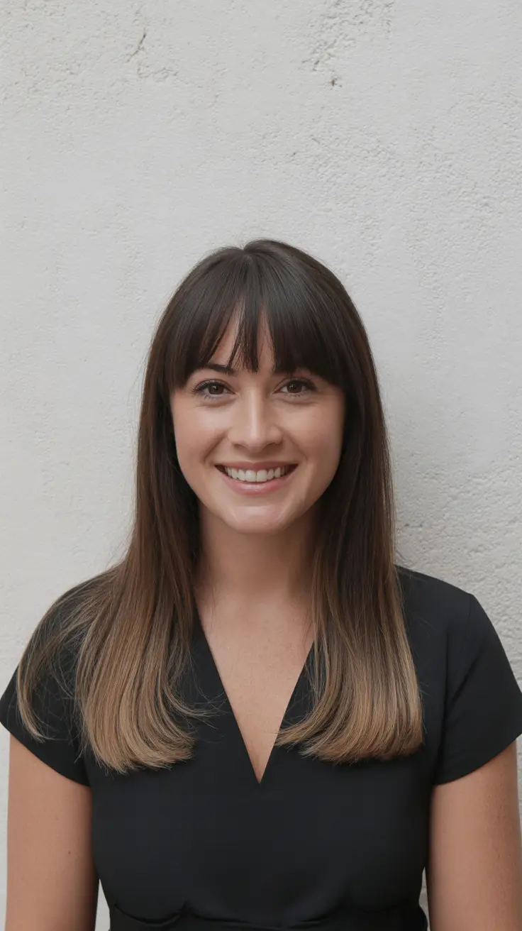 hair color ideas to look younger Classic Brunette with Soft Bangs