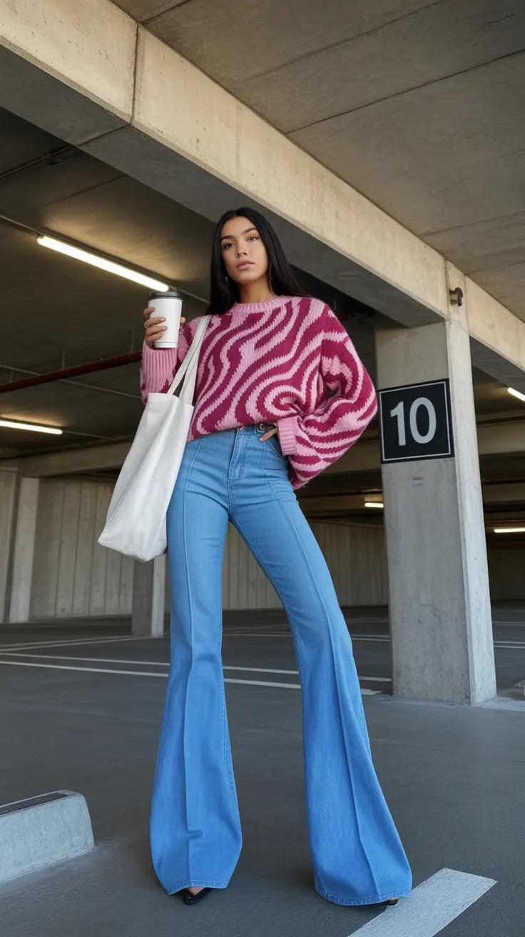 jeans outfits for women 2026 Retro Wave in Pink and Flare Denim