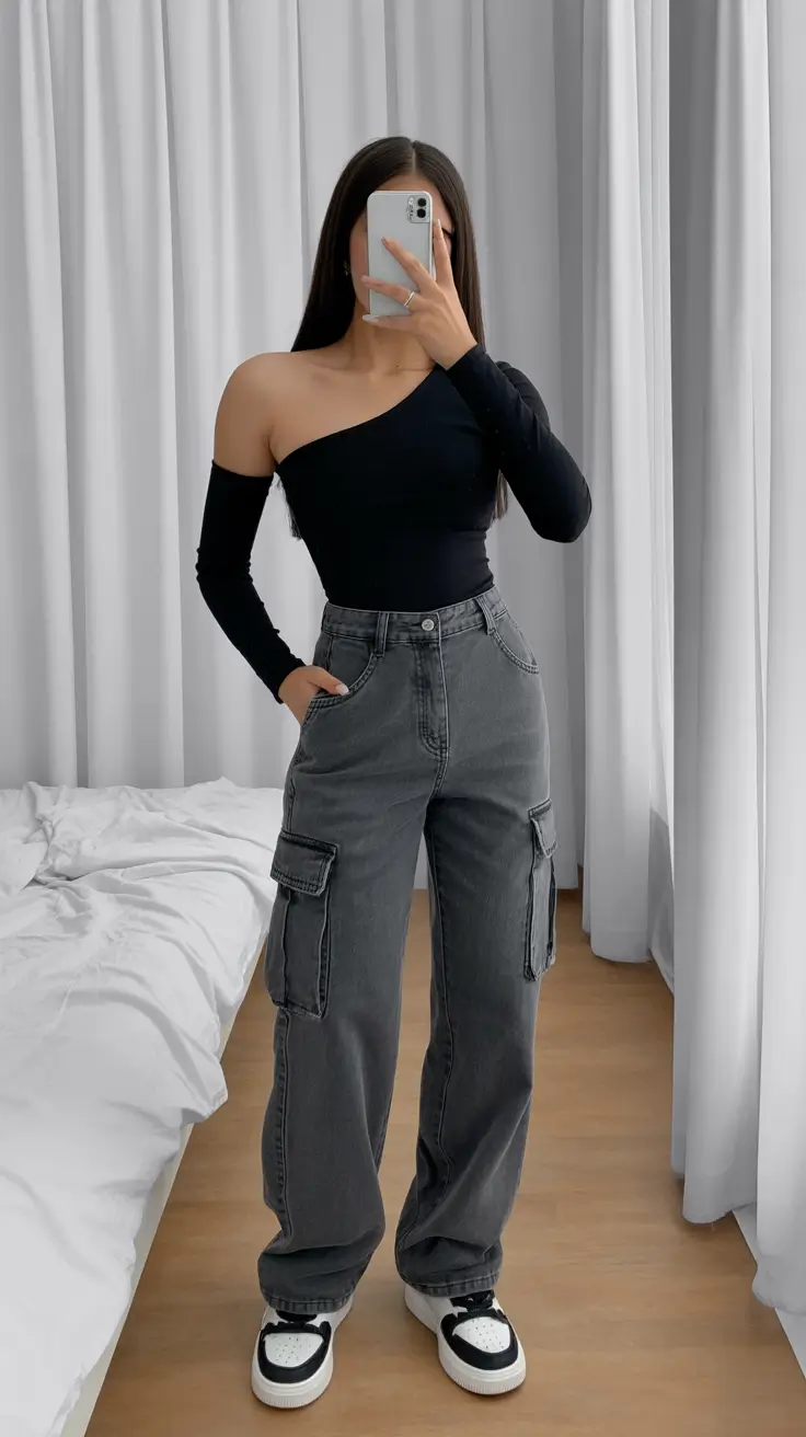 jeans outfits for women 2026 Modern Street Edge with a One-Shoulder Twist