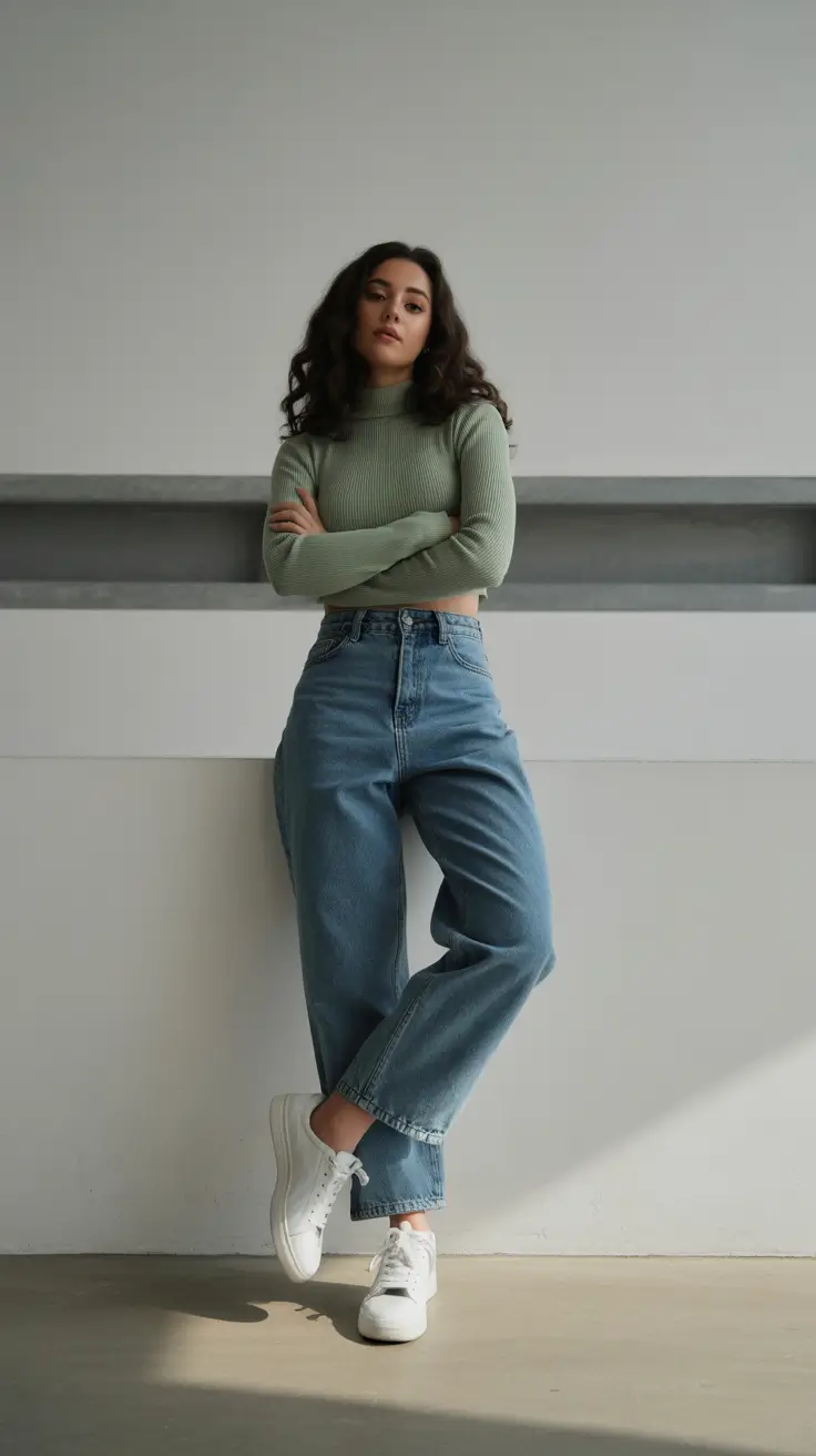 jeans outfits for women 2026 Everyday Cool in Green and Dark Denim