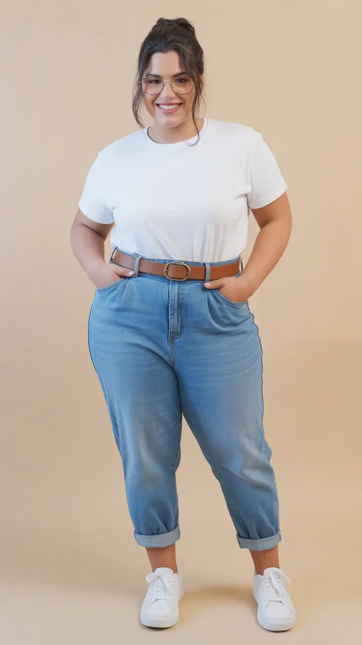 midsize outfits ideas 2026 Everyday Denim: White Tee & Rolled Jeans