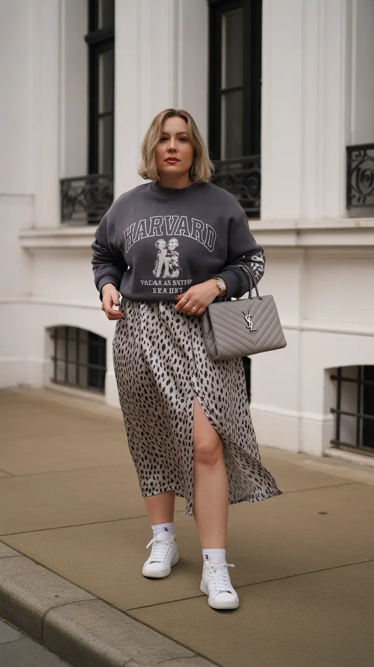 midsize outfits ideas 2026 Smart Streetstyle: Sweatshirt & Satin Skirt
