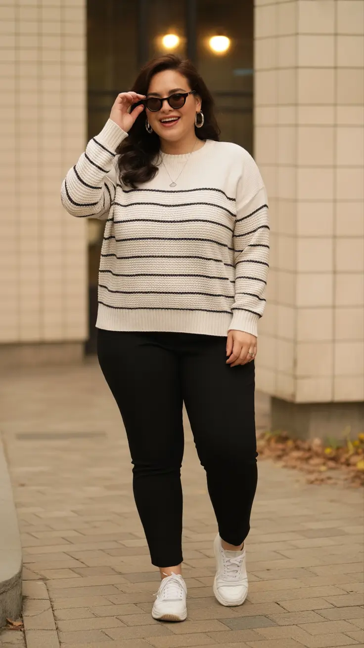midsize outfits ideas 2026 Classic Ease: Striped Sweater & Black Pants