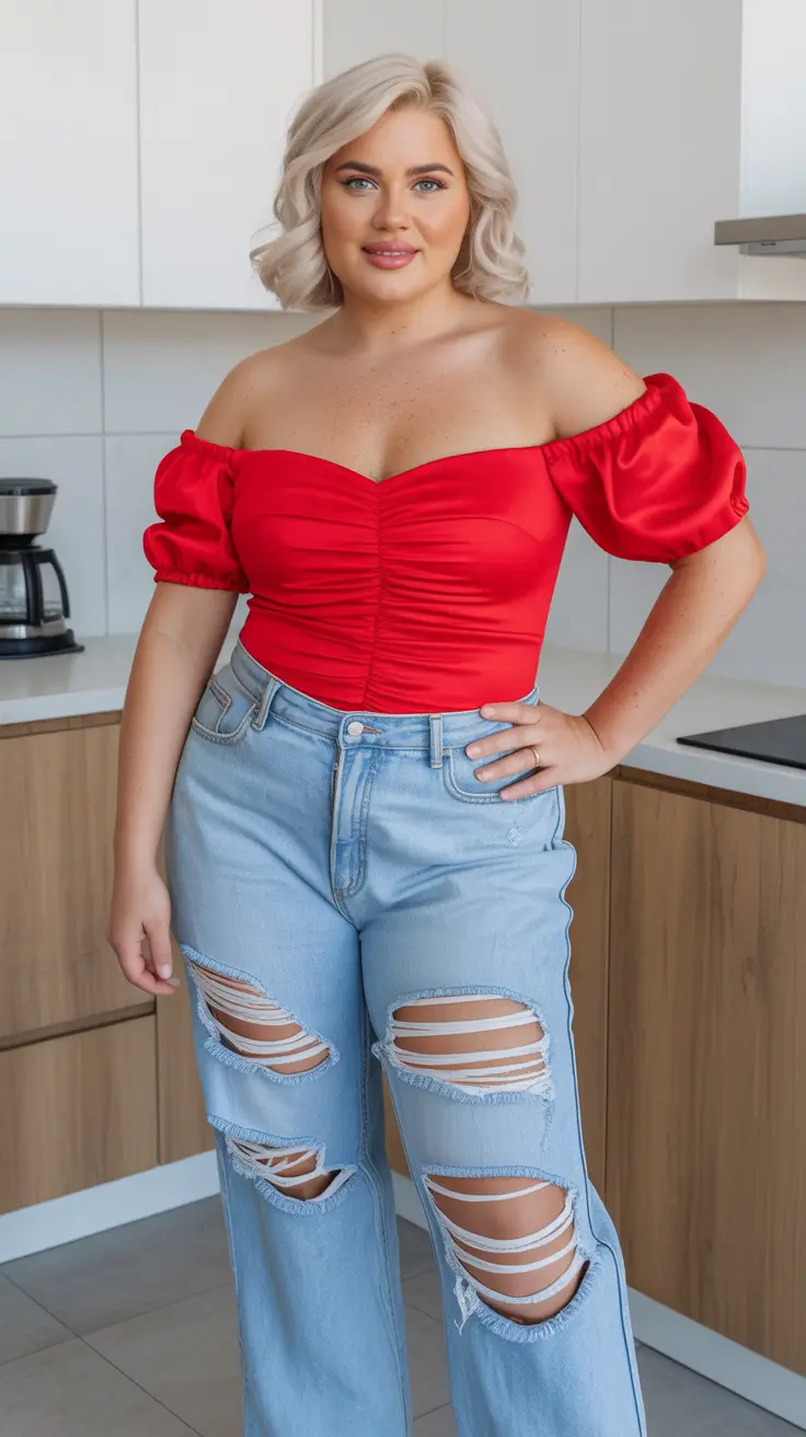 midsize outfits ideas 2026 Bold Glam: Red Corset Top & Ripped Jeans