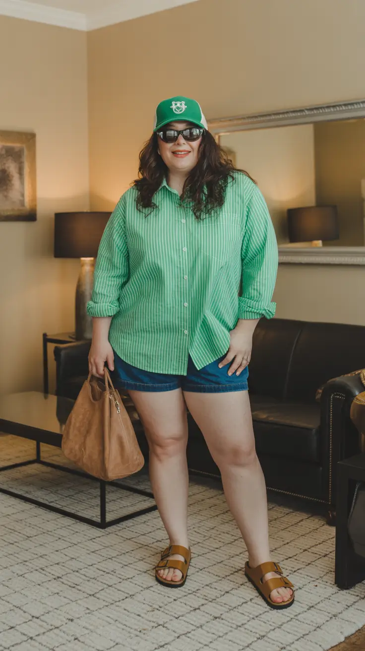 midsize outfits ideas 2026 Sporty Fresh: Green Shirt & Denim Shorts