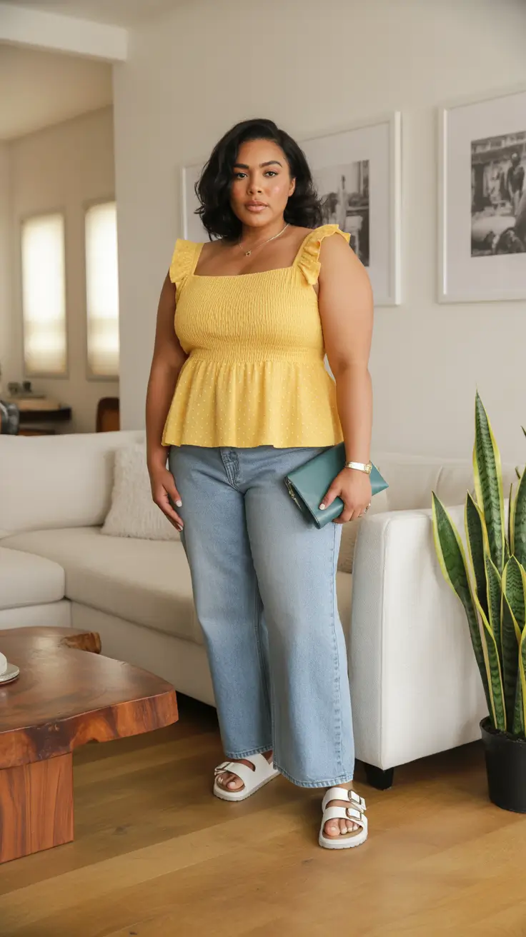 midsize outfits ideas 2026 Golden Hour Glow: Yellow Top & Relaxed Denim