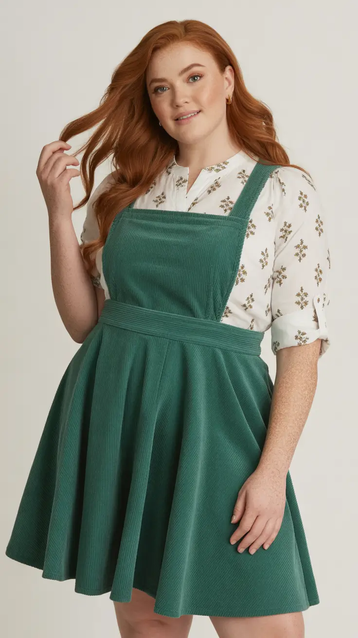 midsize outfits ideas 2026 Playful Retro: Green Corduroy Pinafore