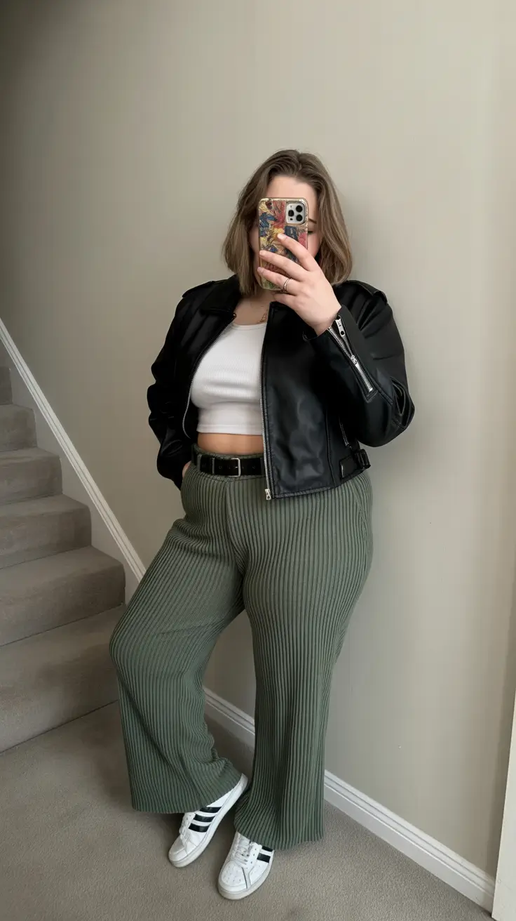 midsize outfits ideas 2026 Modern Edge: Leather Jacket & Ribbed Pants