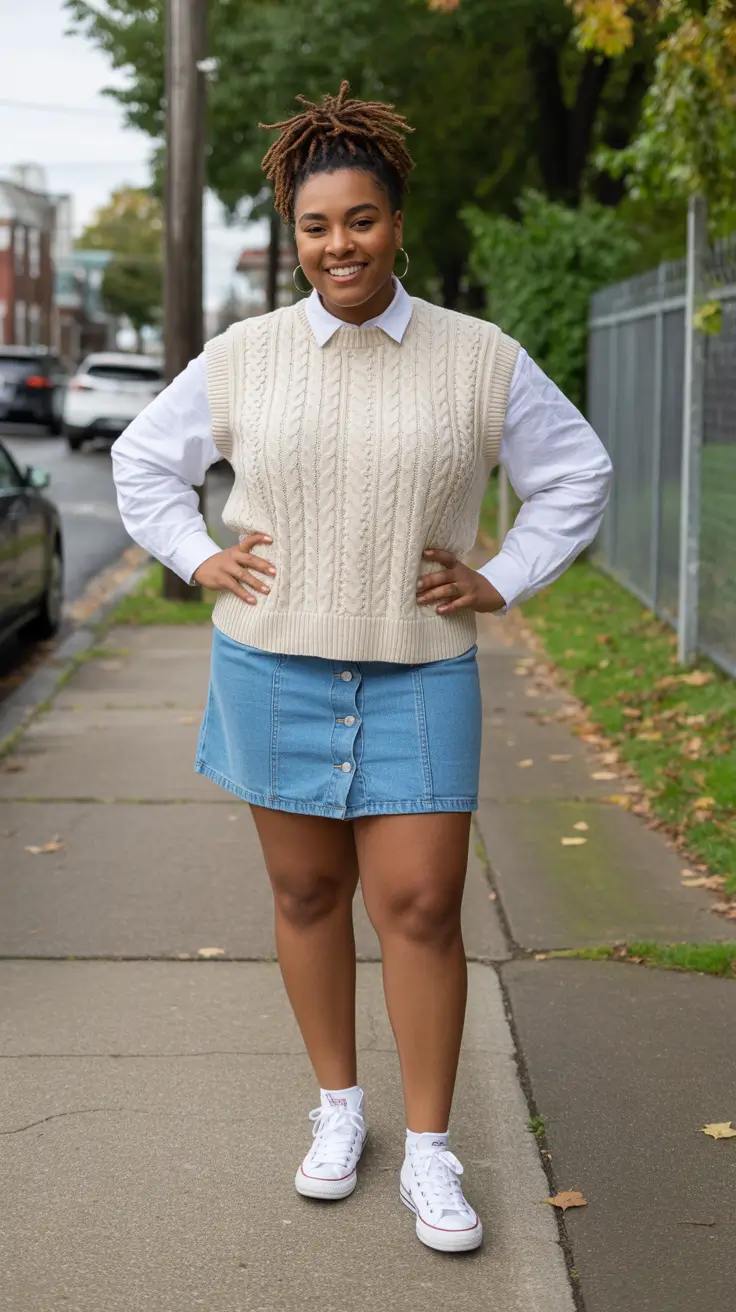 midsize outfits ideas 2026 Preppy Charm: Denim Mini & Knit Vest