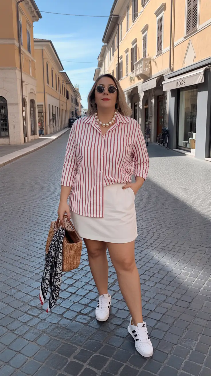 midsize outfits ideas 2026 City Stripe: Red & White Shirt with White Mini