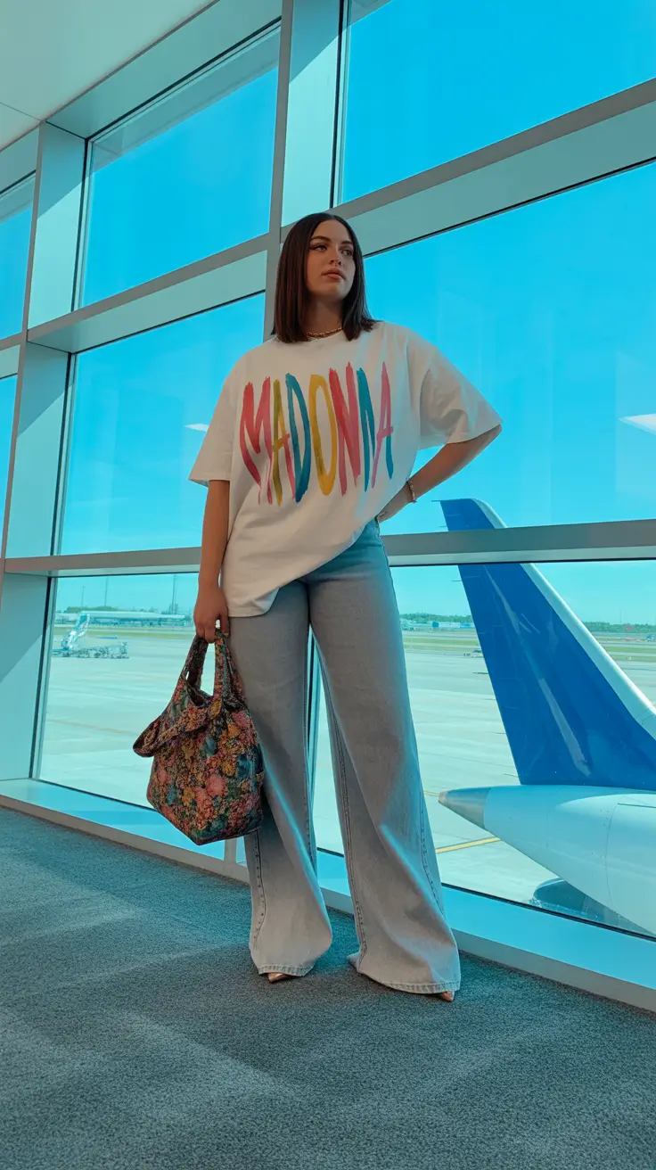 midsize outfits ideas 2026 Retro Cool: The Graphic Tee & Wide-Leg Denim