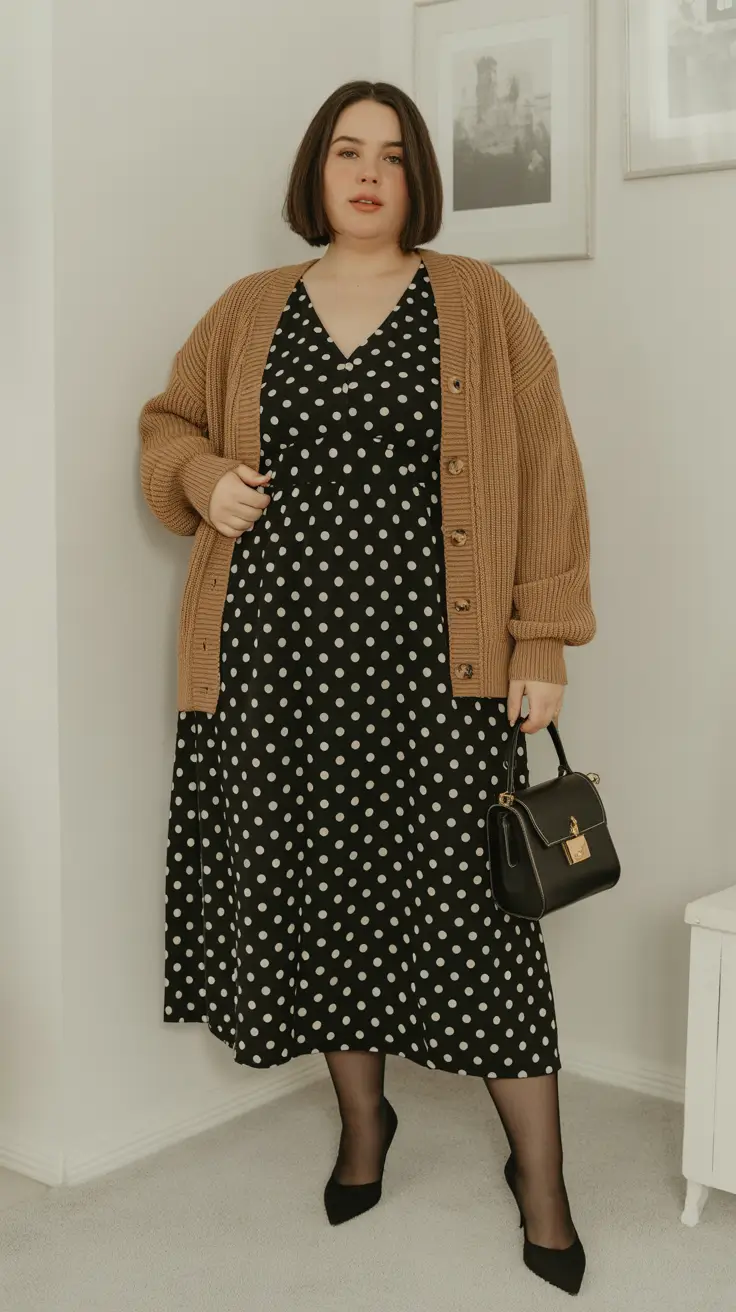midsize outfits ideas 2026 Polka Dot Ease: The Classic Midi and Cardigan
