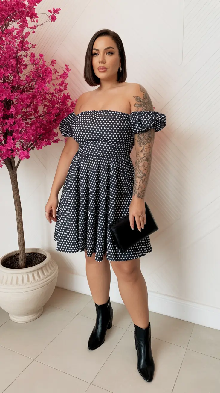 midsize outfits ideas 2026 Playful Dots: Off-Shoulder Chic