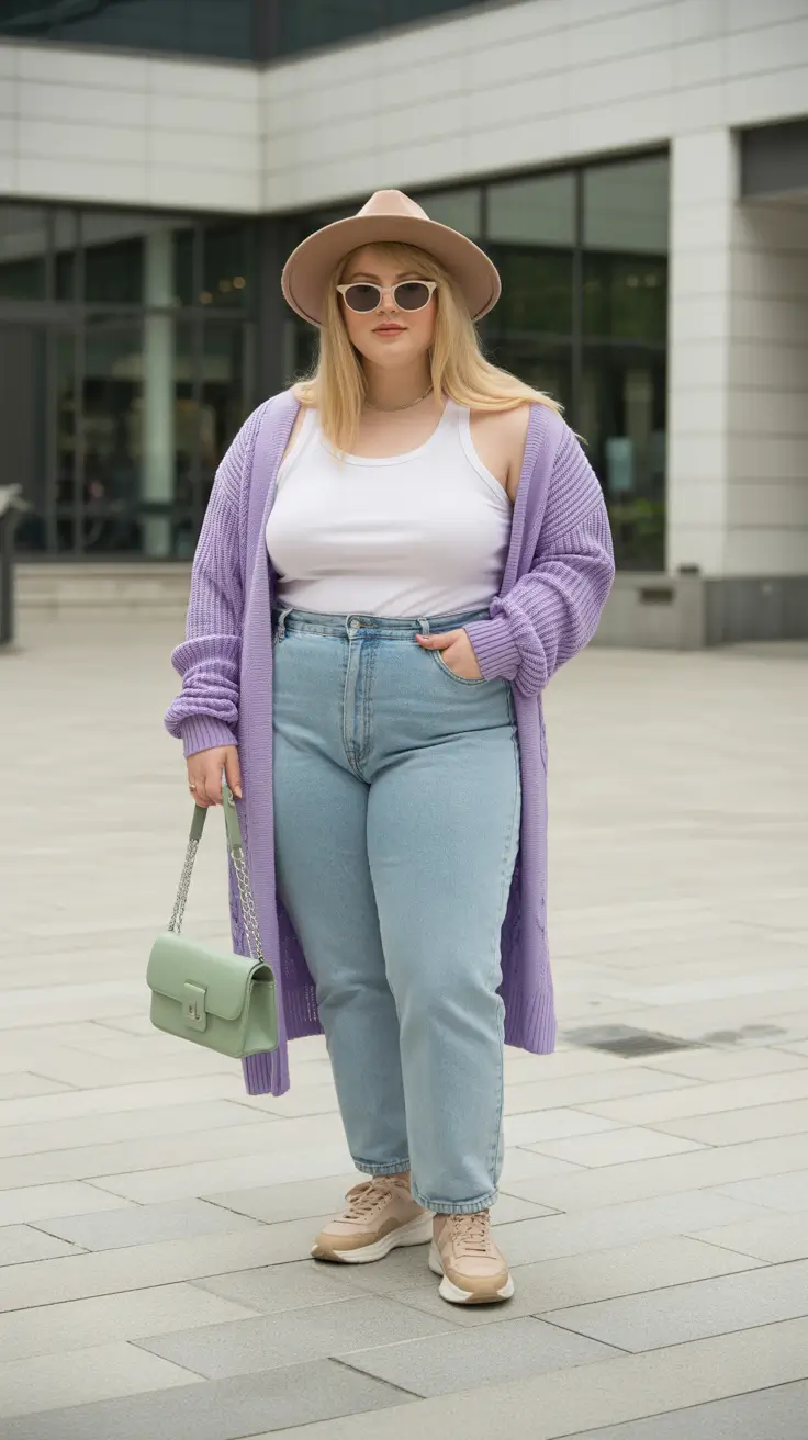 midsize outfits ideas 2026 Pastel Streetstyle: Lilac Knit and Denim