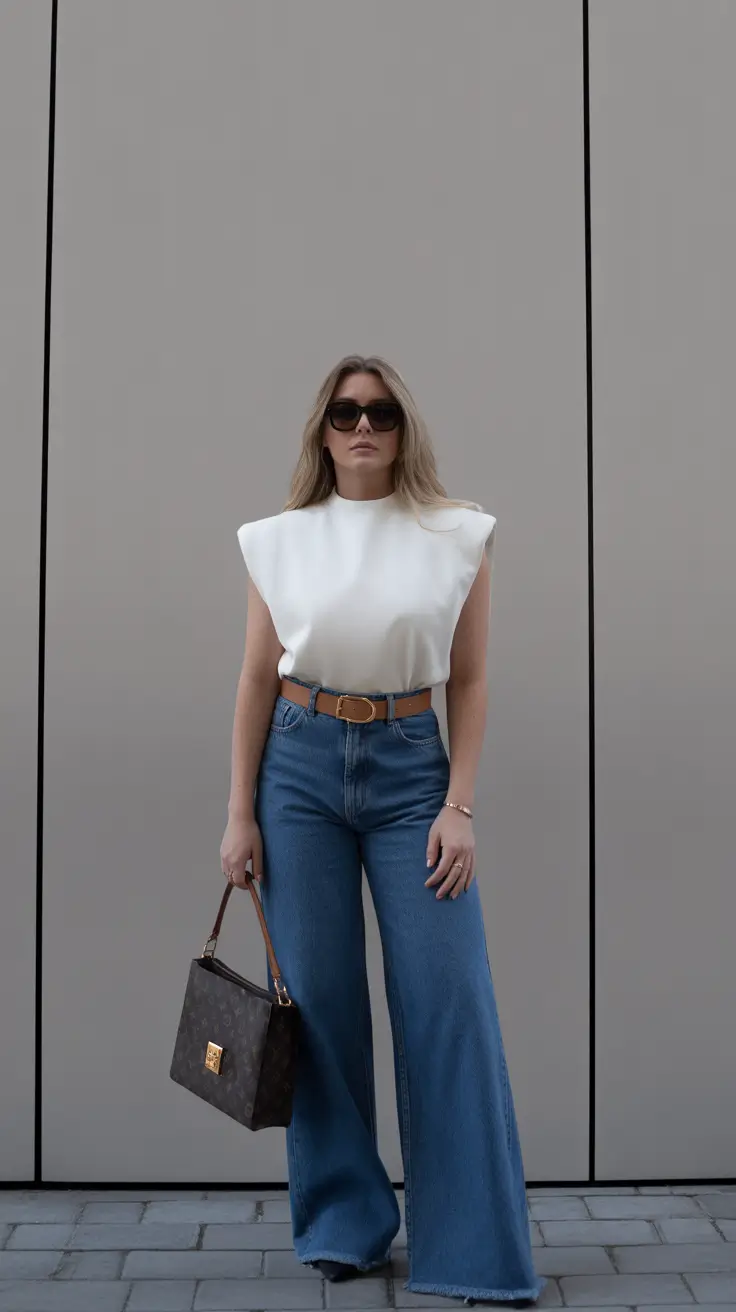 Outfit ideas for women over 40 in 2026 - Structured Shoulders With Wide-Leg Denim Confidence