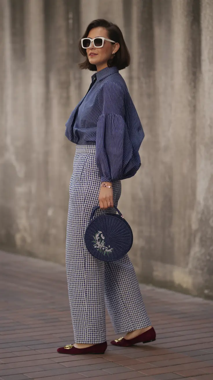 Outfit ideas for women over 40 in 2026 - Playful Patterns and Feminine Volume in Blue Tones