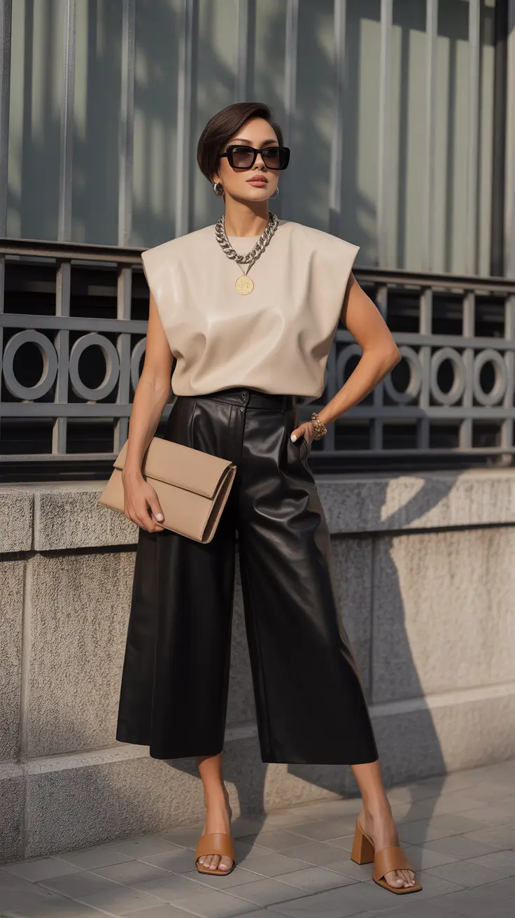 Outfit ideas for women over 40 in 2026 - Leather Contrast Chic With Sculptural Lines