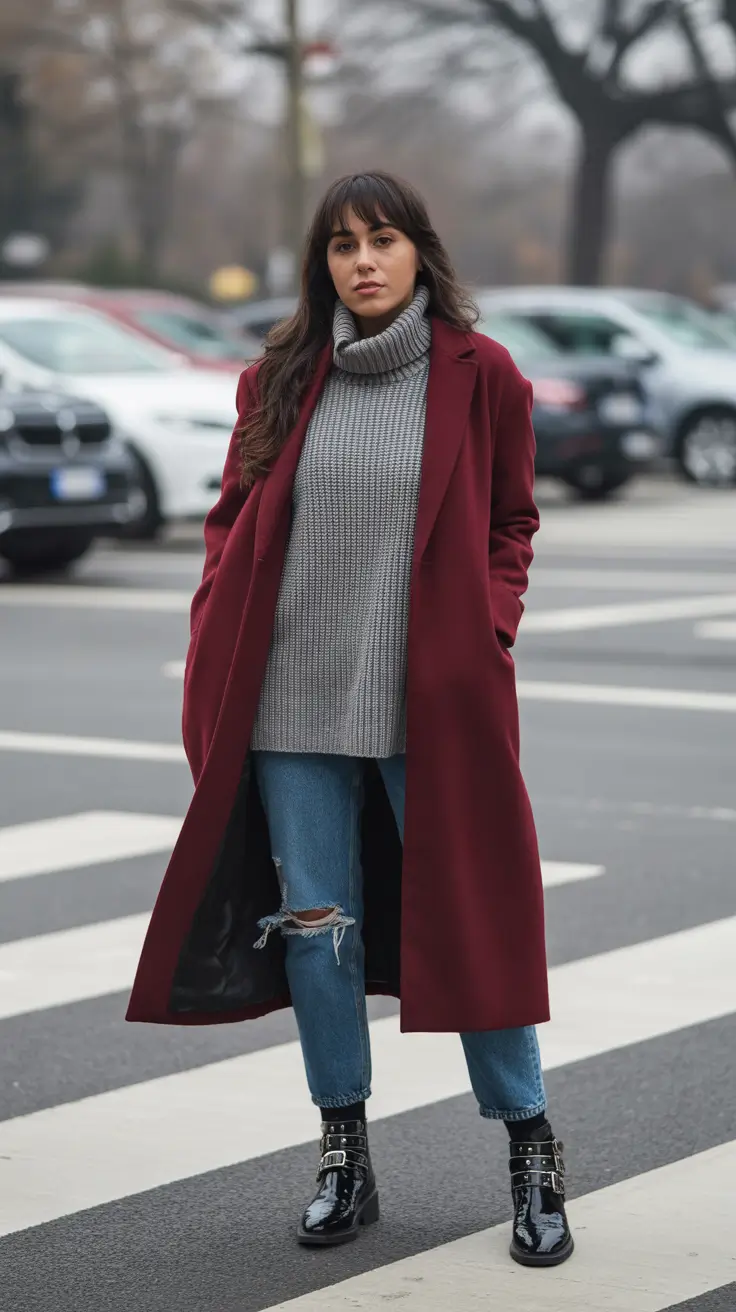 Stylish capsule wardrobe outfits 2026 Bold Burgundy Layers for a Chic Winter Moment