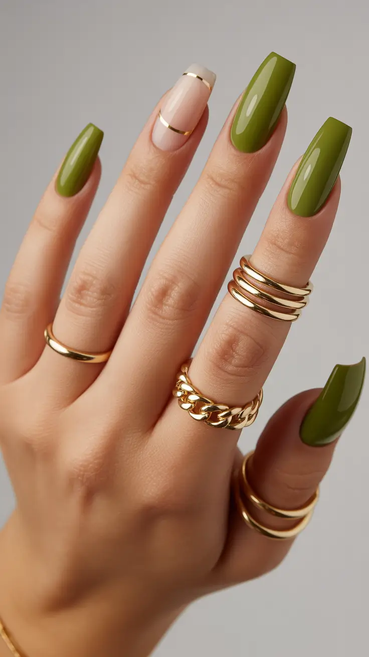 Stylish Green Nails Christmas 2025 Olive Gold Elegance
