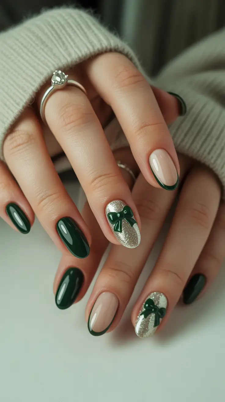 Stylish Green Nails Christmas 2025 Gift Bow Glam