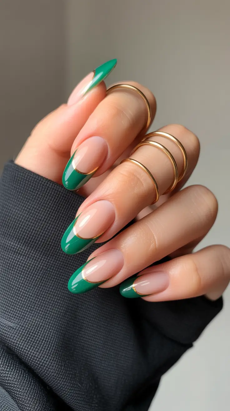 Stylish Green Nails Christmas 2025 Golden-Edged French Dream