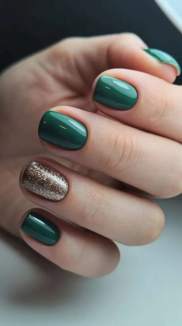 Stylish Green Nails Christmas 2025 Green and Bronze Chic