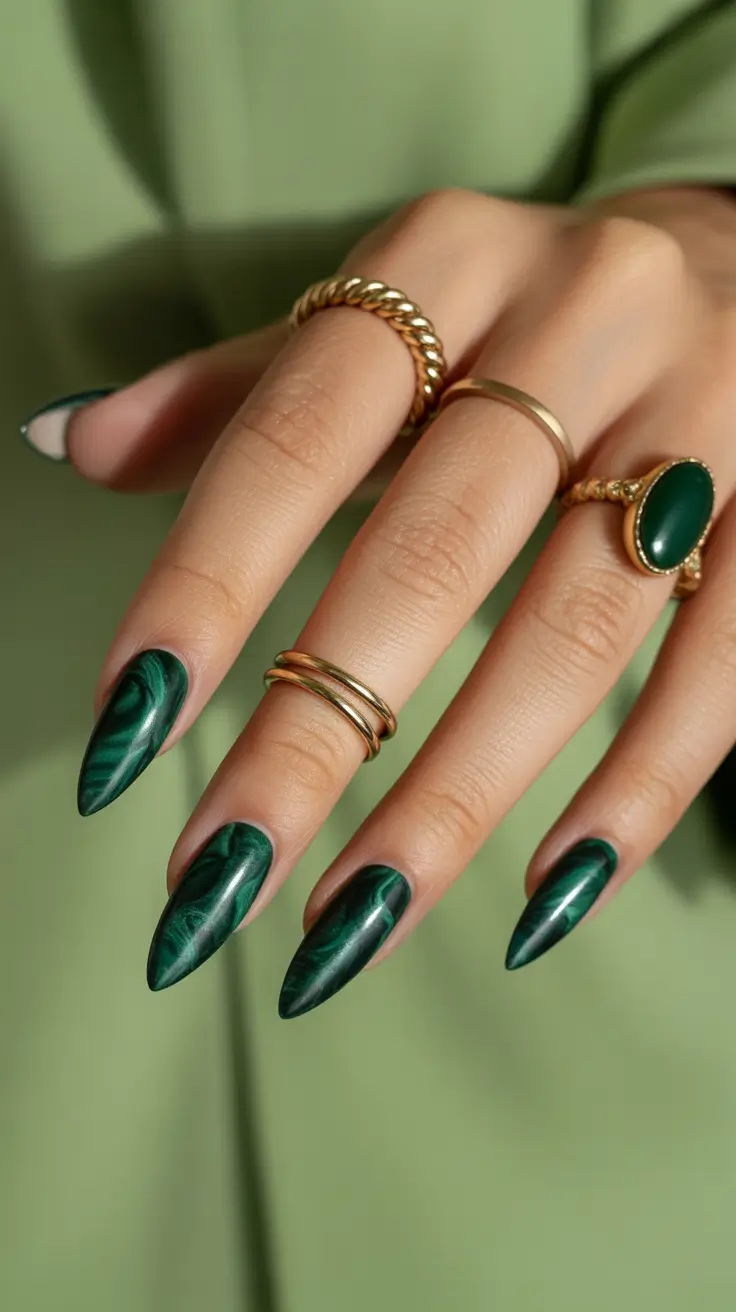 Stylish Green Nails Christmas 2025 Emerald Marble Glam