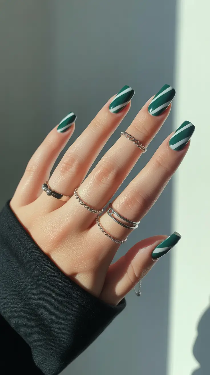Stylish Green Nails Christmas 2025 Forest Stripes Chic
